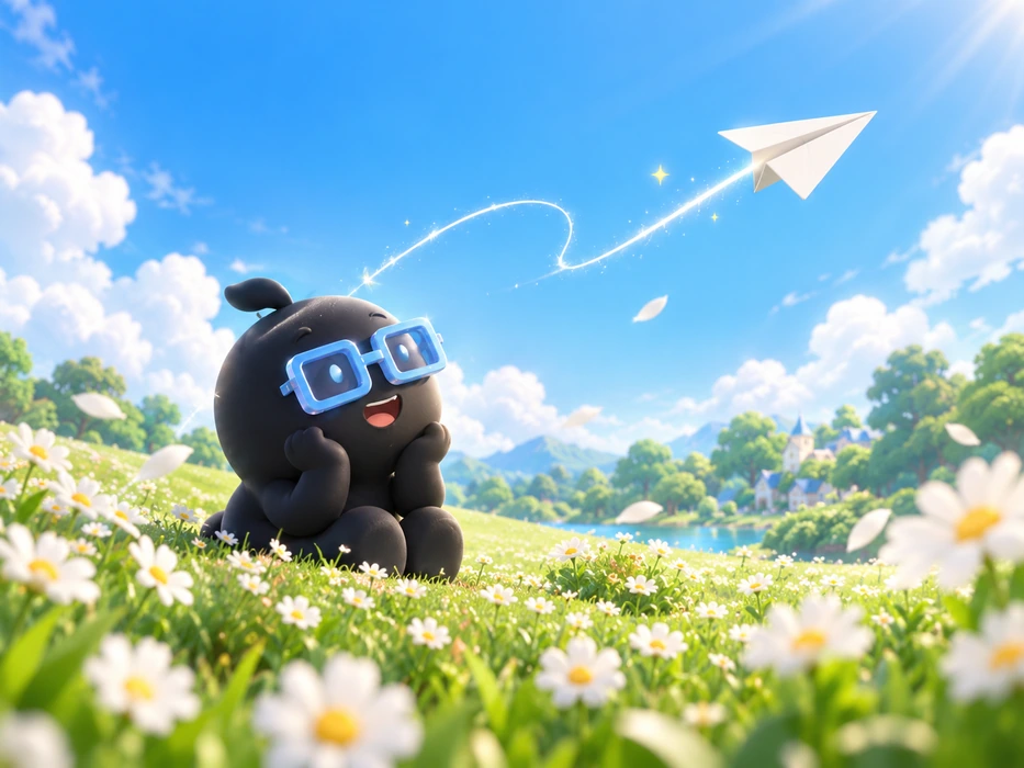 The mascot watching a paper airplane above a field of daisies.