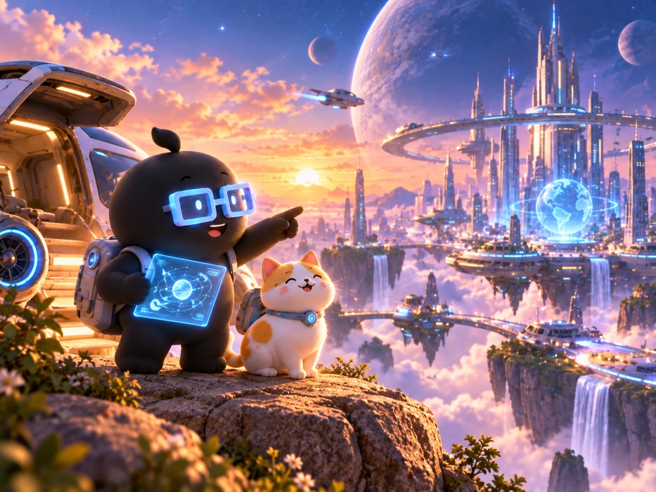 The mascot and a cat exploring a luminous futuristic city.